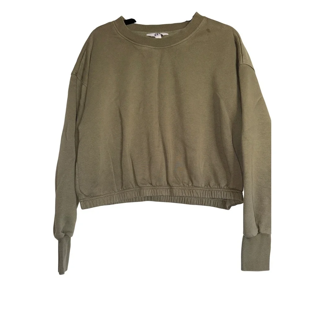 JoyLab Womens Olive Green Cropped Crewneck Sweatshirt Elastic Hem Size M - Picture 2 of 11